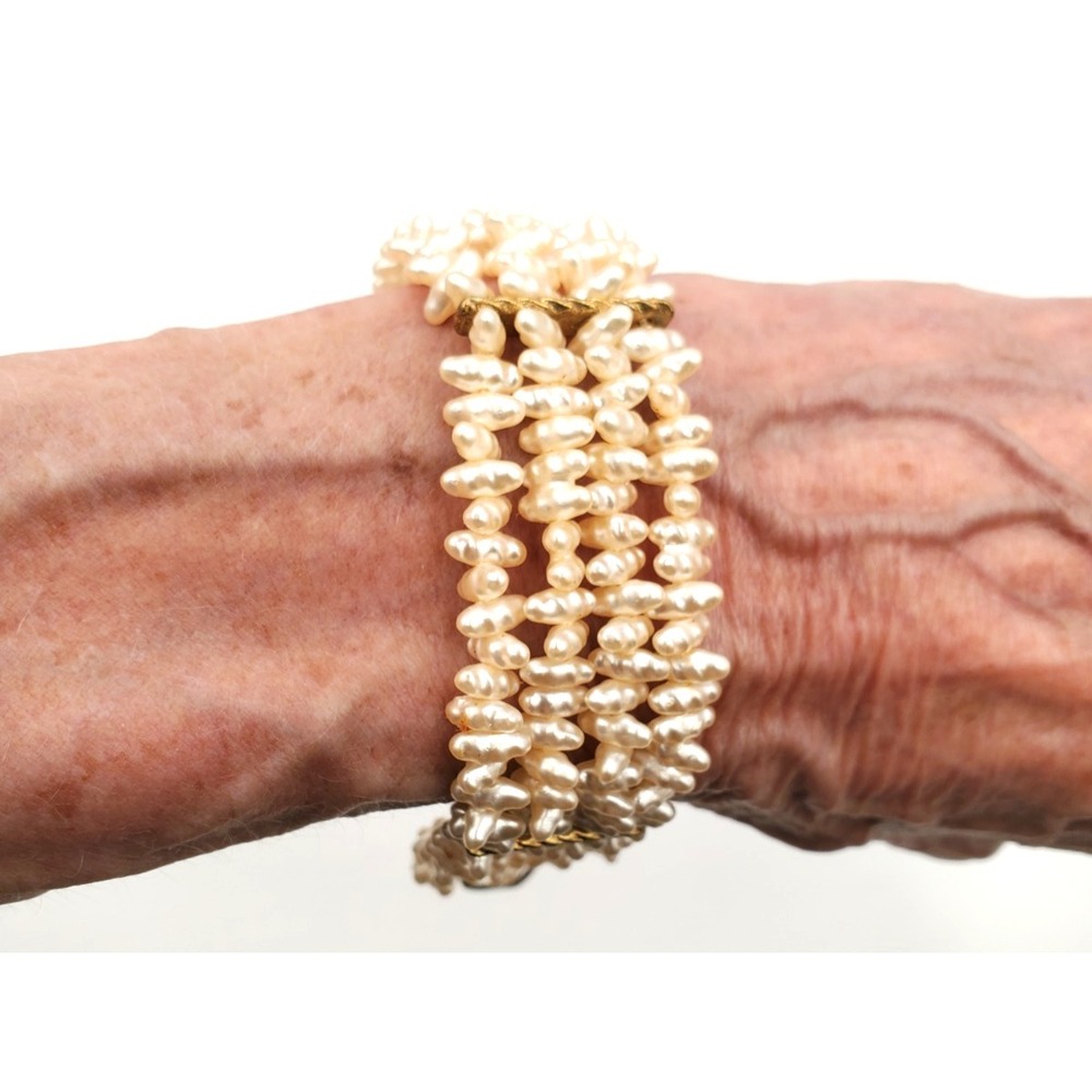 Vintage Faux Rice Pearl Multi Strand Bracelet Gold Tone Clasp